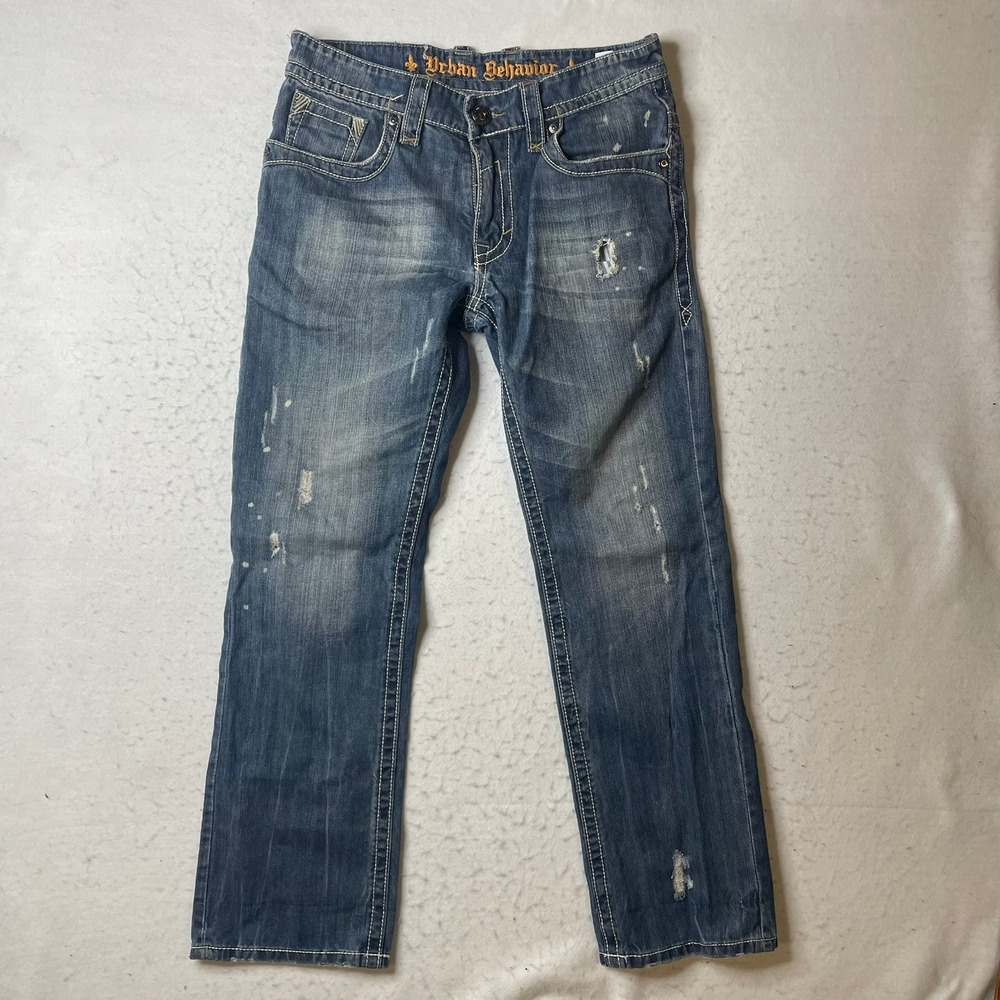 Urban Behavior Mens Straight Leg Distressed Jeans Blue 32x32 Thick‎ Stitch Y2K